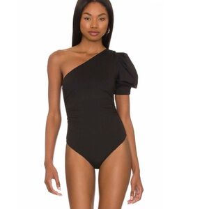 Free People Black One-Shoulder Puff Sleeve Bodysuit